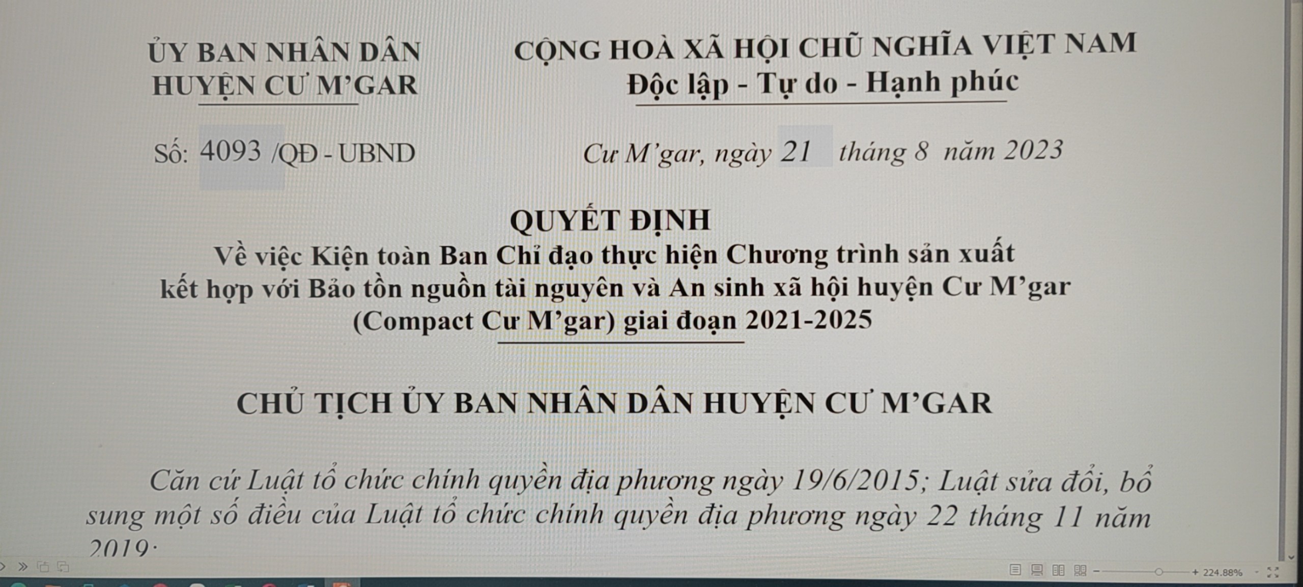 Về việc Kiện toàn Ban Chỉ đạo thực hiện Chương trình sản xuất kết hợp với Bảo tồn nguồn tài nguyên và An sinh xã hội huyện Cư M’gar (Compact Cư M’gar) giai đoạn 2021-2025